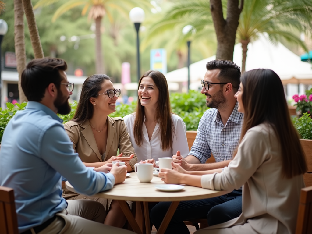 Five friends enjoying conversation and coffee at an outdoor café surrounded by greenery.