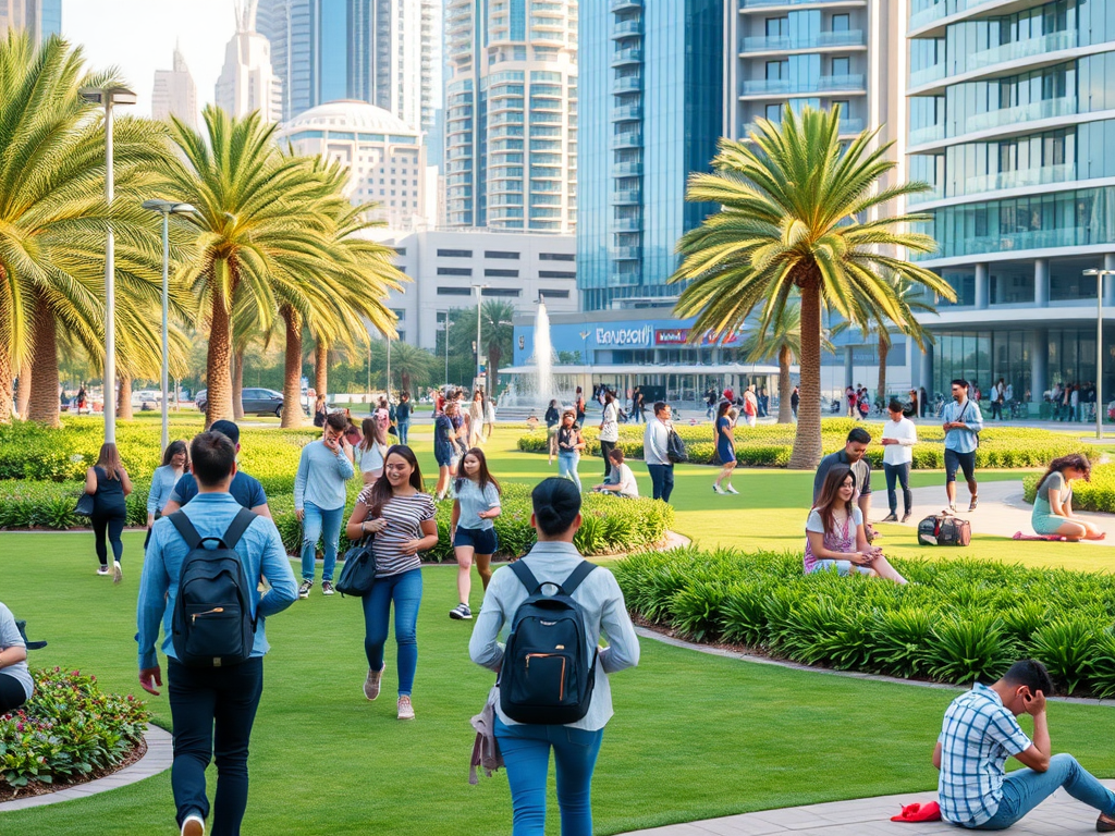 A lively urban park with palm trees, featuring people walking, sitting, and enjoying the green space and city skyline.