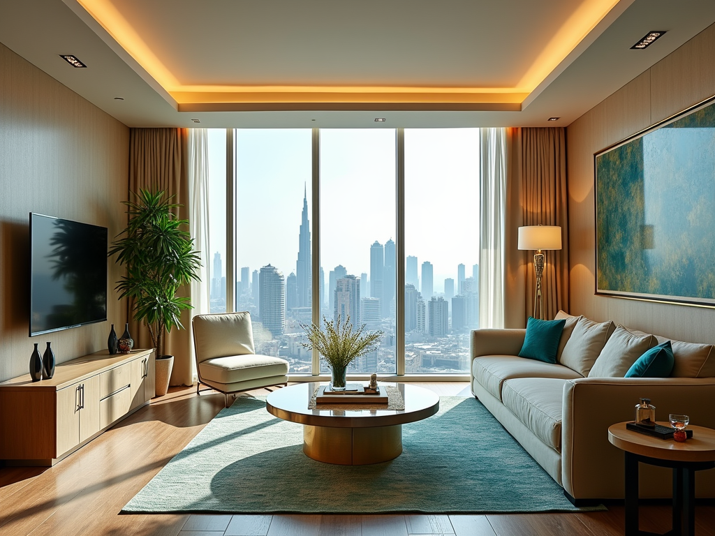 Modern living room with skyline view, elegant furniture, and framed artwork.