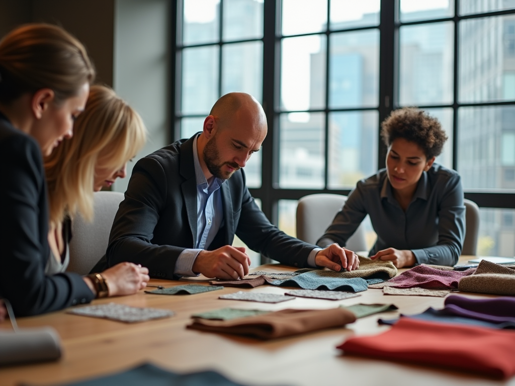 Four professionals examining fabric samples at a boardroom table with city view.