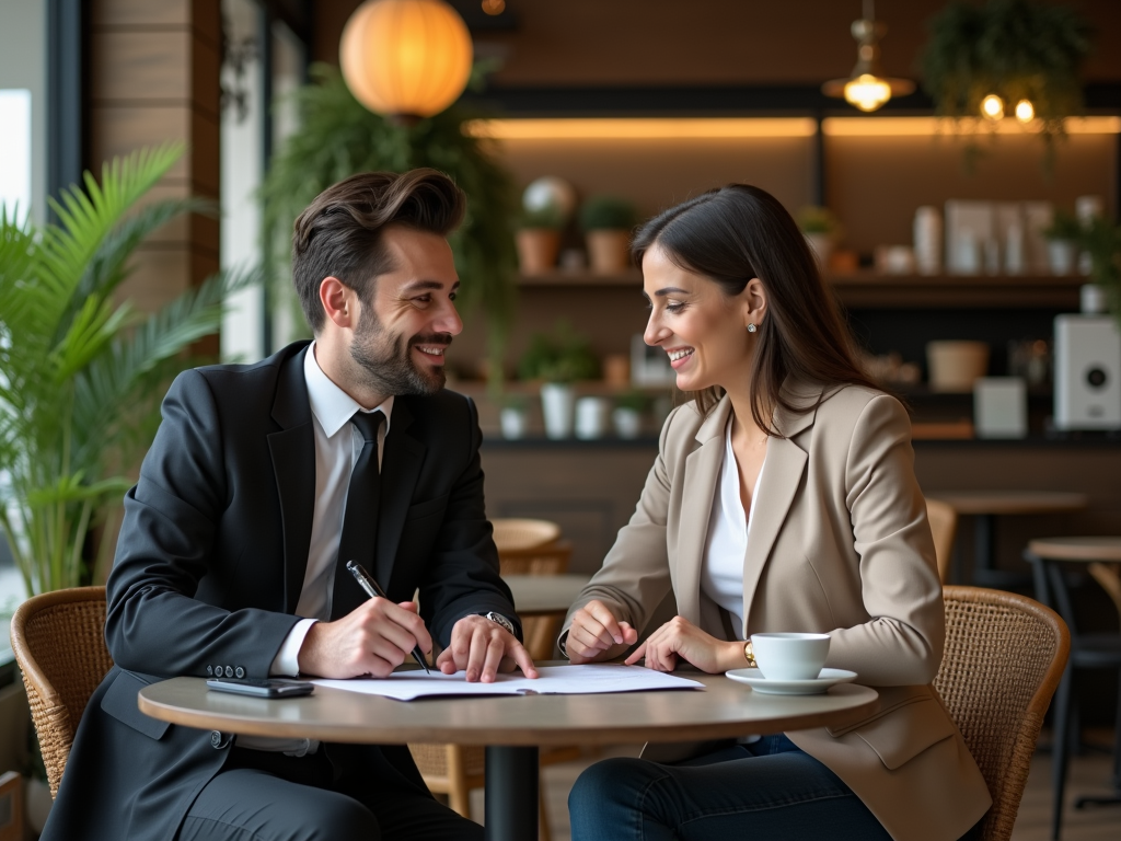 Man and woman in business attire smiling and working together at a café table.