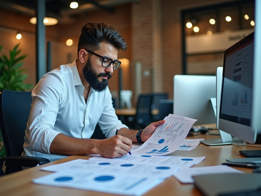 Focused man analyzing financial documents at a modern office desk with computers.