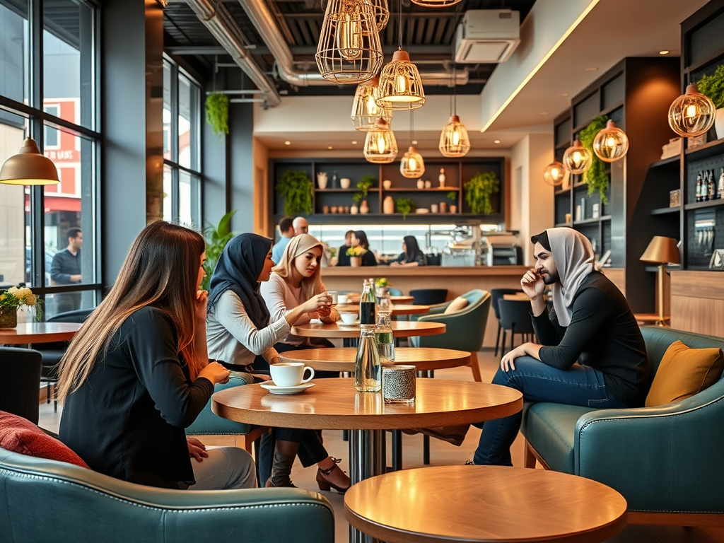 A cozy café scene with five women chatting and enjoying drinks, surrounded by stylish decor and soft lighting.