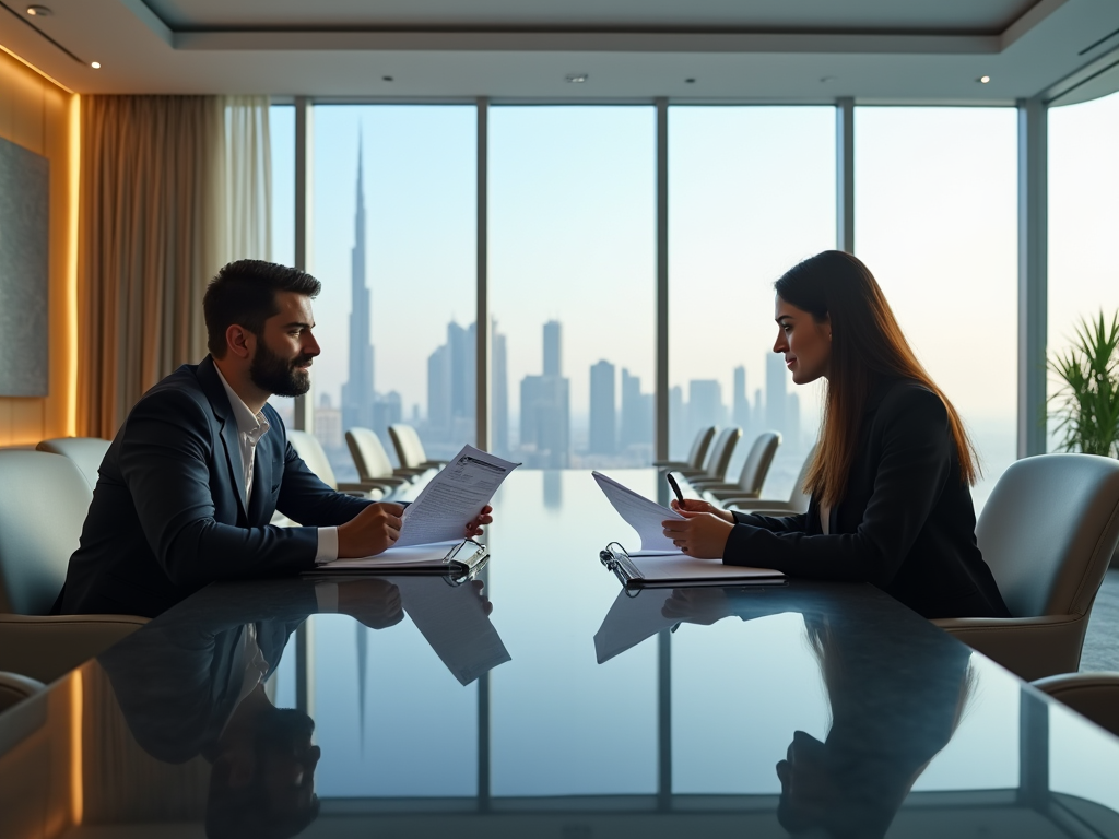 Man and woman reviewing documents in a conference room with city skyline in the background.