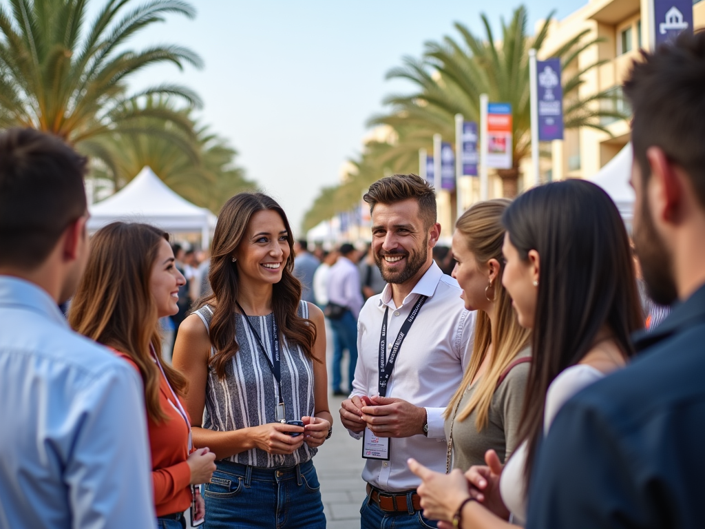 Group of professionals chatting and smiling at an outdoor networking event.