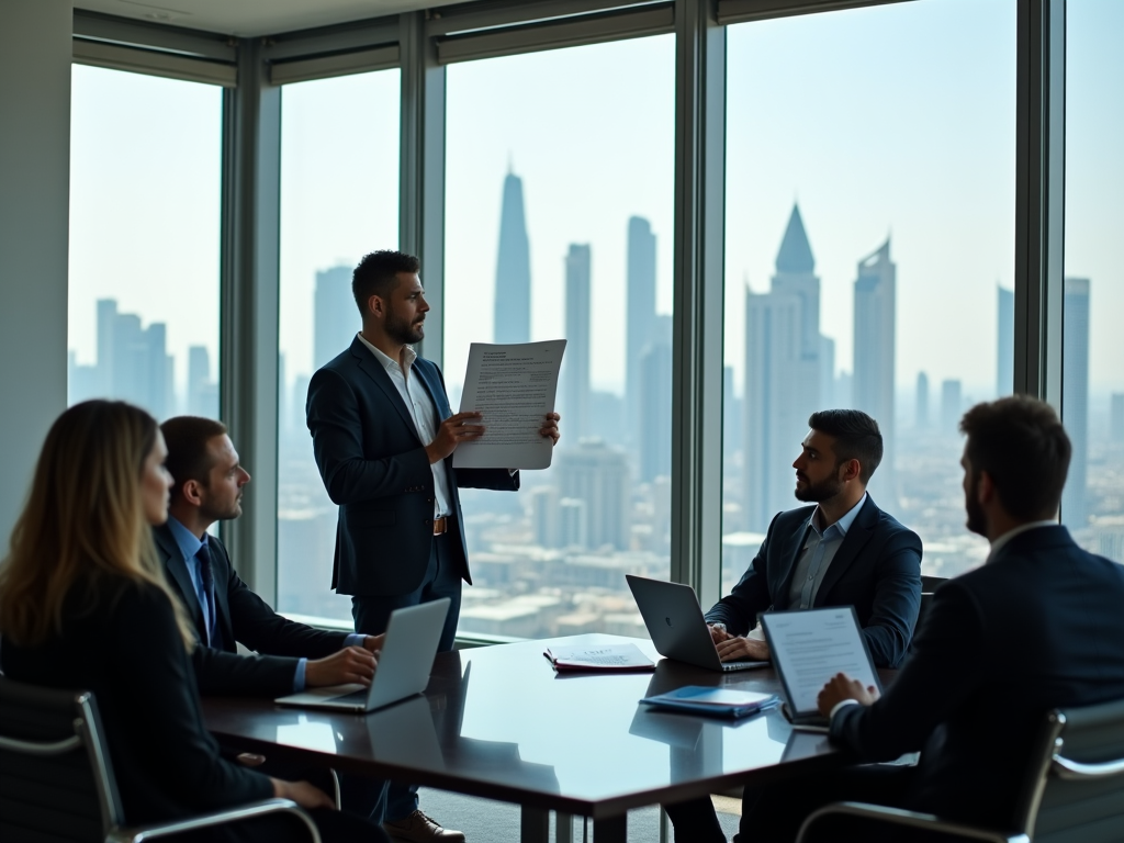 Man presenting to colleagues in a high-rise office with cityscape in background.