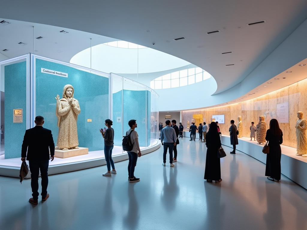 Visitors exploring a modern museum gallery featuring statues, including a prominent white sculpture.