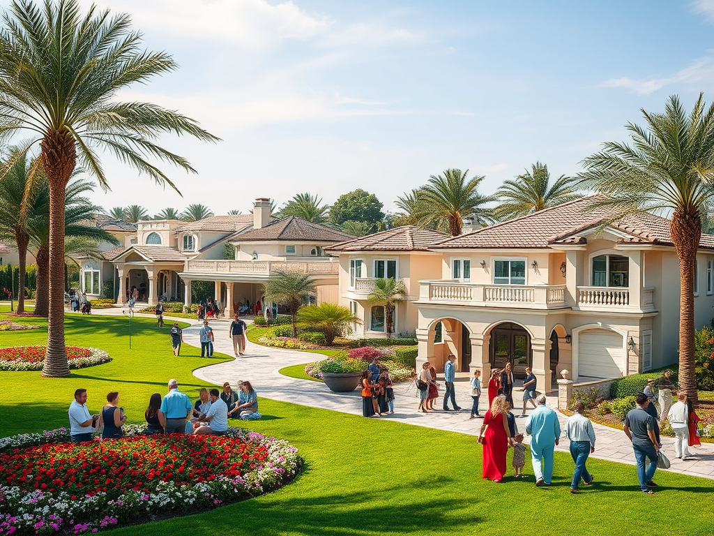 A vibrant neighborhood with palm trees, luxury homes, and groups of people enjoying the sunny day on a green lawn.