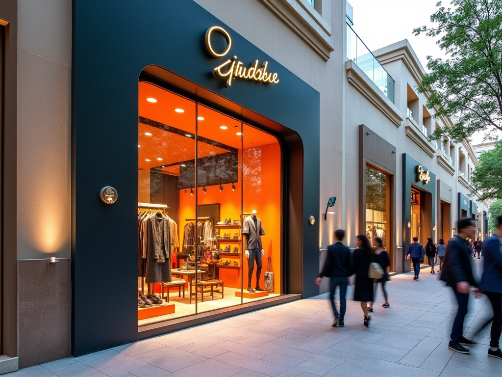 Elegant fashion store front with bright orange lighting, displaying clothing and accessories, bustling street scene.