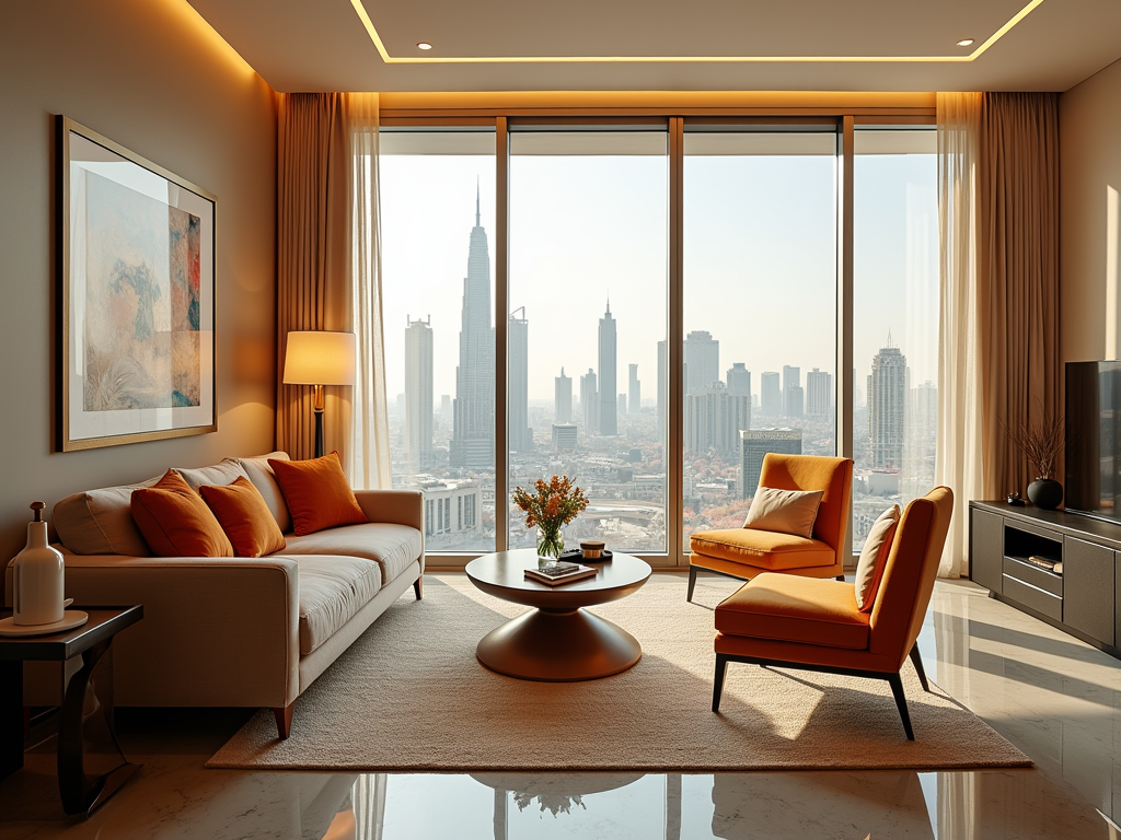 Luxurious living room with a large window overlooking a city skyline at sunset.