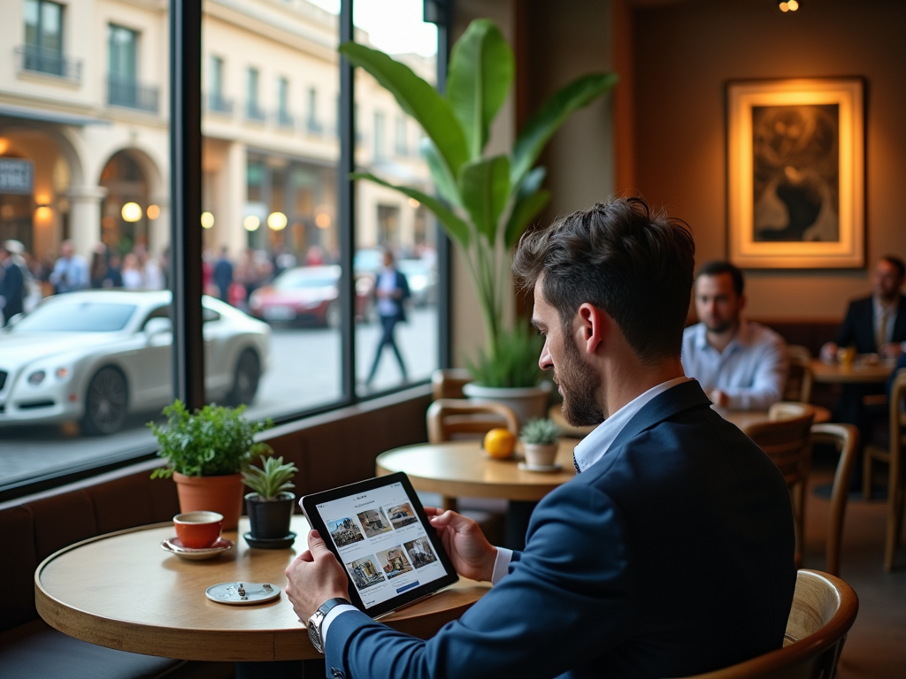 Man in suit browsing tablet in cafe with city view through window, coffee and plant on table.