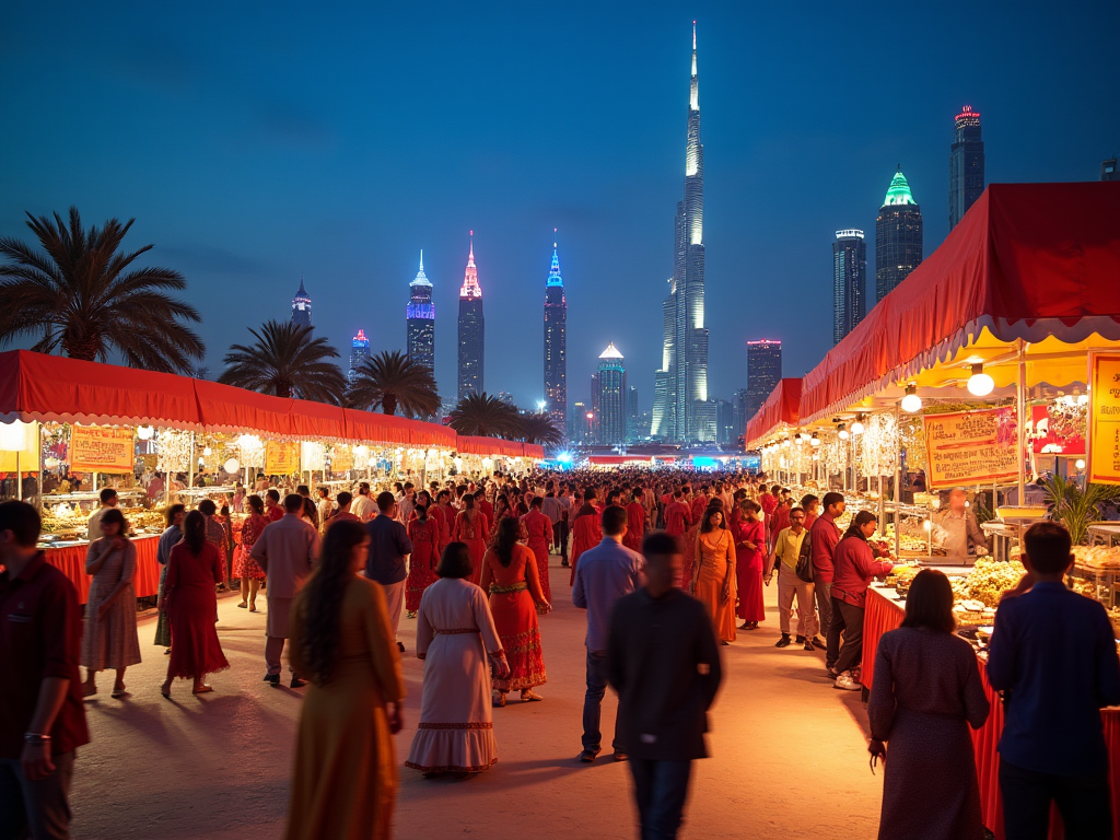 Vibrant outdoor market at dusk with crowded stalls and shoppers, city skyline in the background.