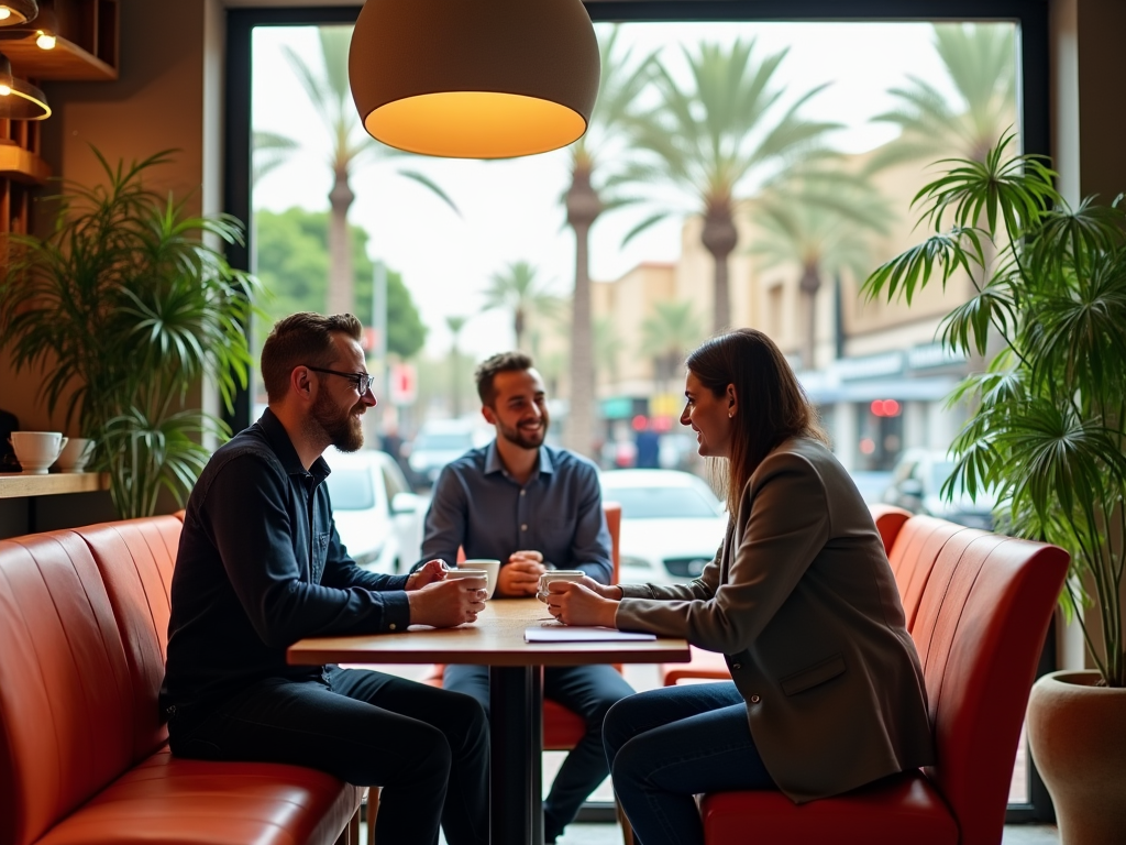 Three people enjoying coffee and a chat at a café table by a window, with palm trees visible outside.