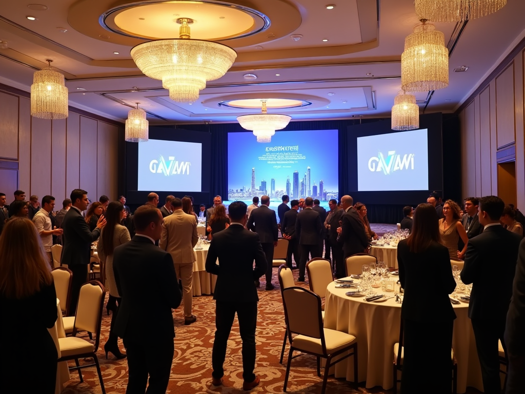 Professionals networking in a conference room with large screens displaying logos and a cityscape.