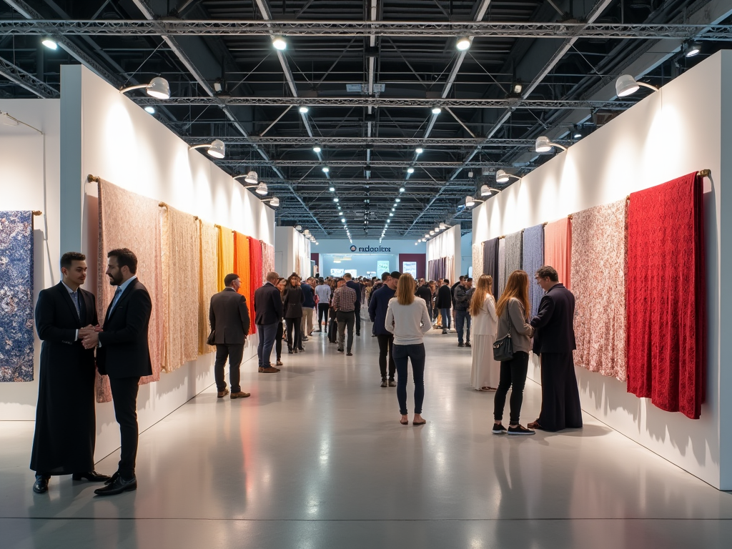 People at a textile expo examining colorful fabric panels displayed on walls in a well-lit hall.