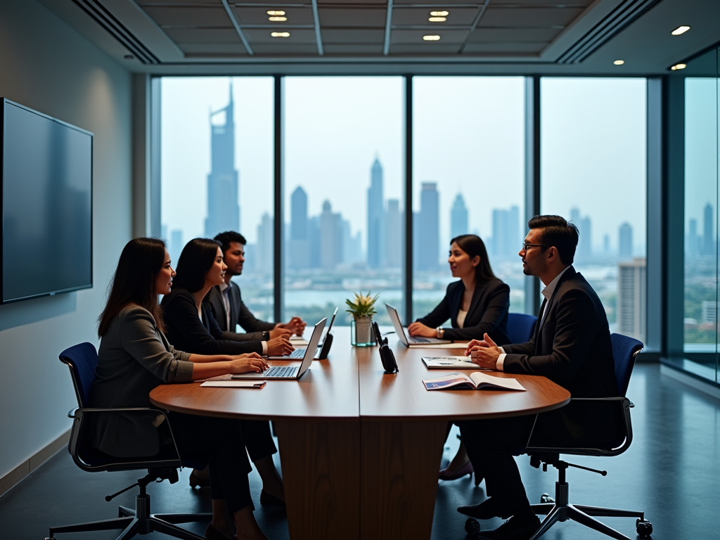 Business professionals in a meeting in a modern office with a cityscape in the background.