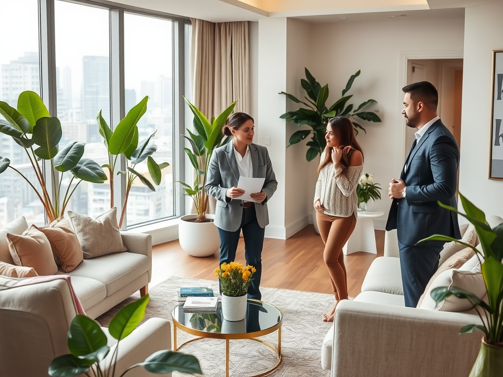 Three people discuss in a modern, bright apartment surrounded by plants, with city views through large windows.