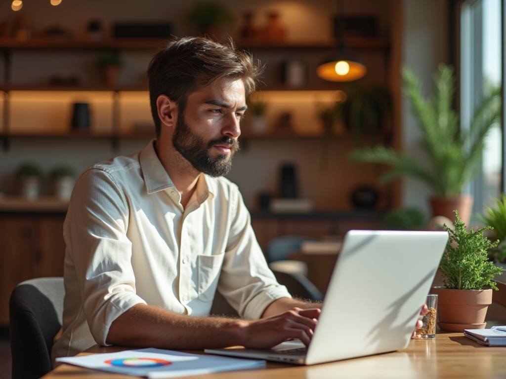 Concentrated bearded man working on laptop in cozy home office.