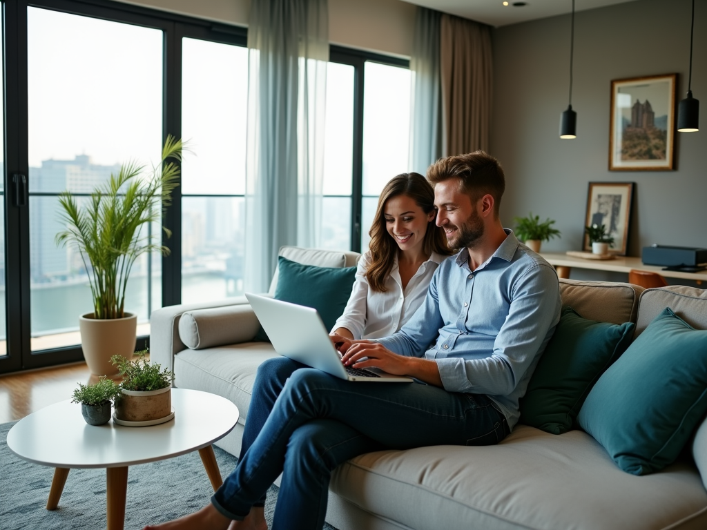 A couple relaxing on a sofa with a laptop in a modern living room overlooking a cityscape.