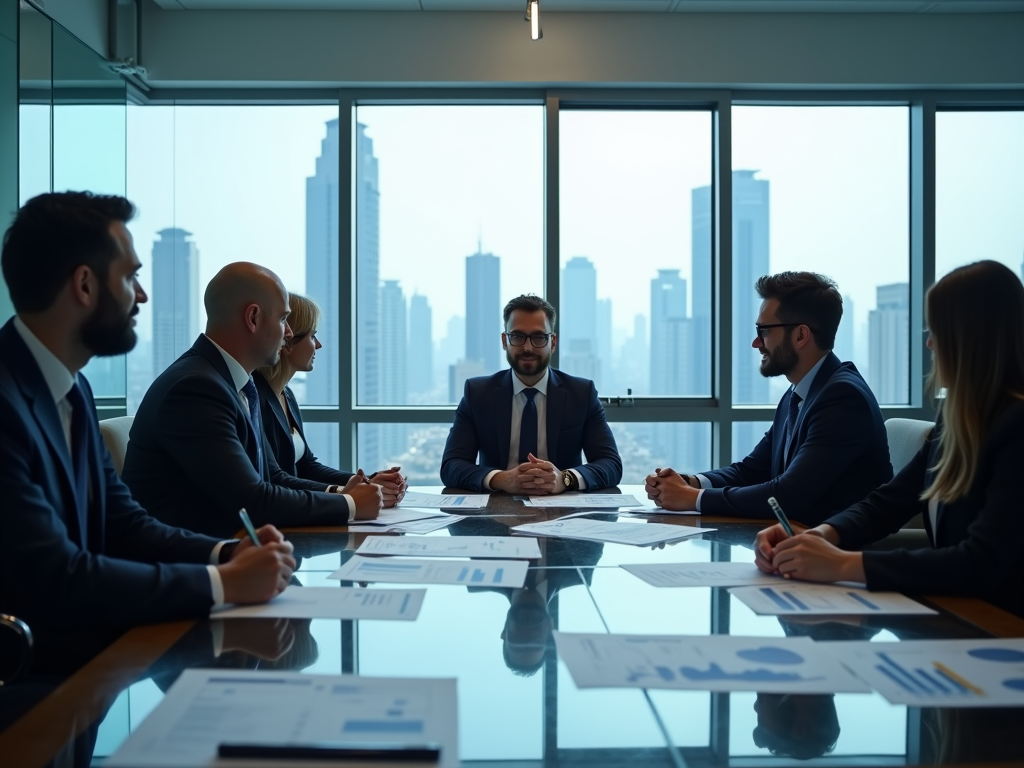 Business professionals in a meeting with city skyline view in the background.