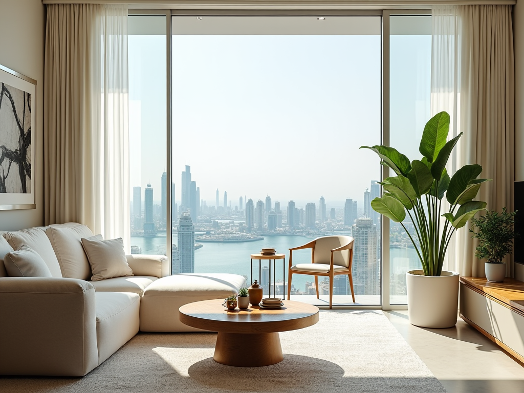 Modern living room with city skyline view, featuring plush seating and indoor plants by large window.