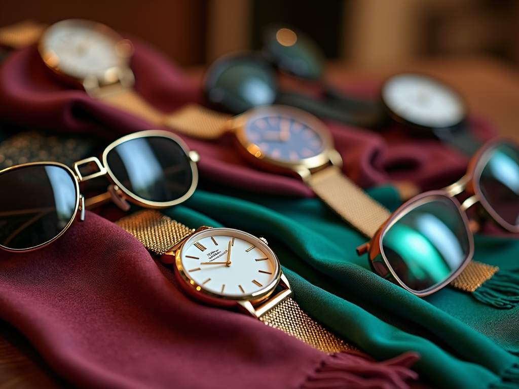 Assorted elegant watches and sunglasses displayed on colorful scarves.