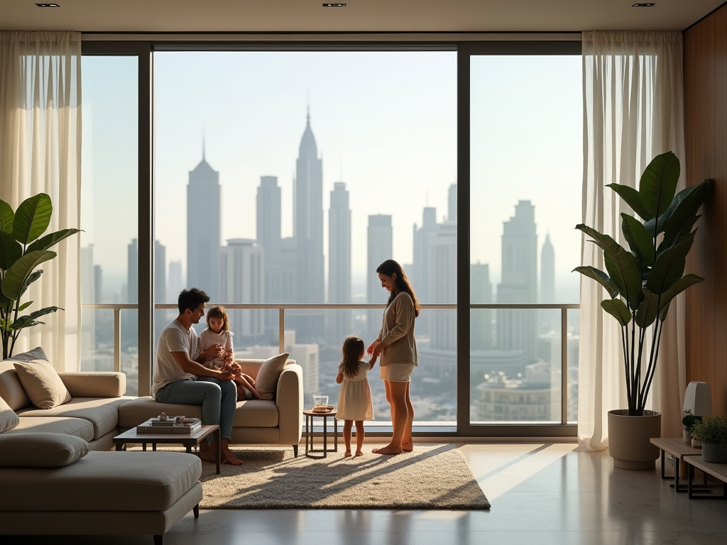 Family in a living room overlooking a cityscape, with two adults, two children, and large windows.