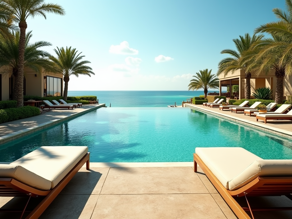 Luxurious poolside with sun loungers and palm trees overlooking an infinite ocean horizon.