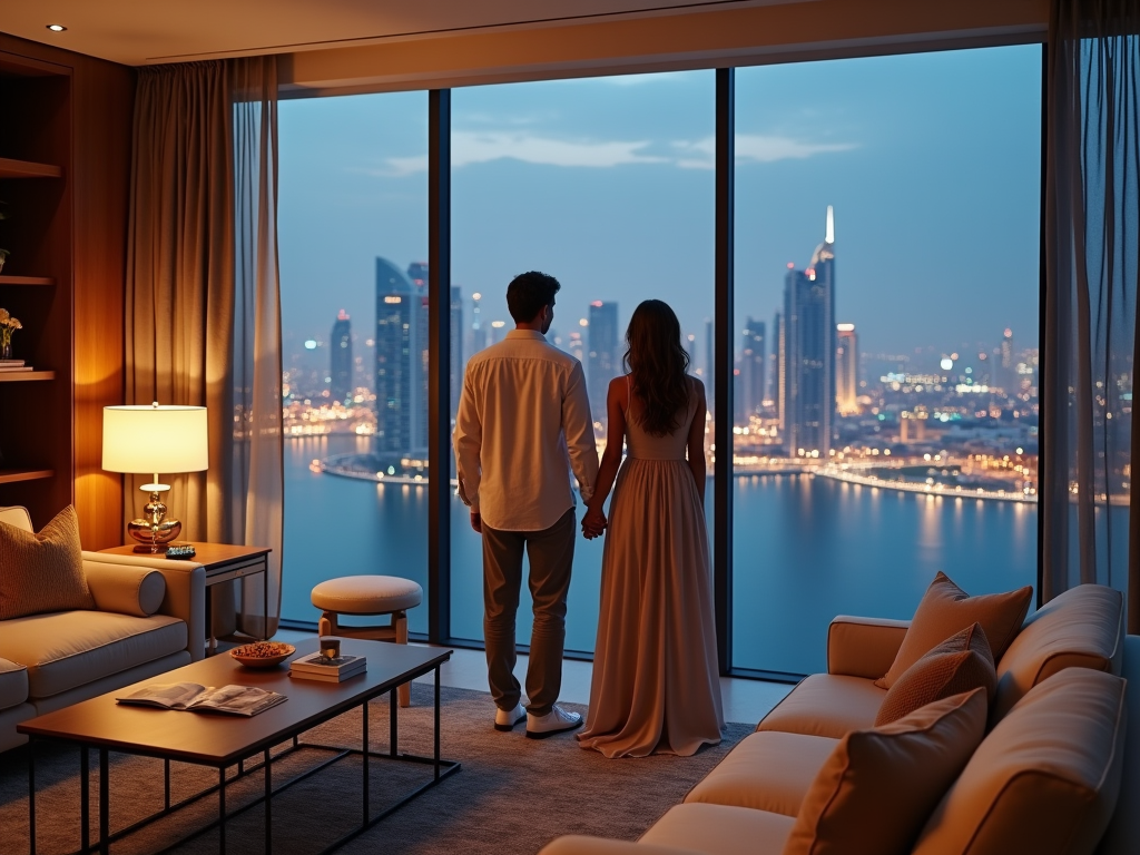 Couple holding hands, looking at city lights from high-rise apartment at dusk.