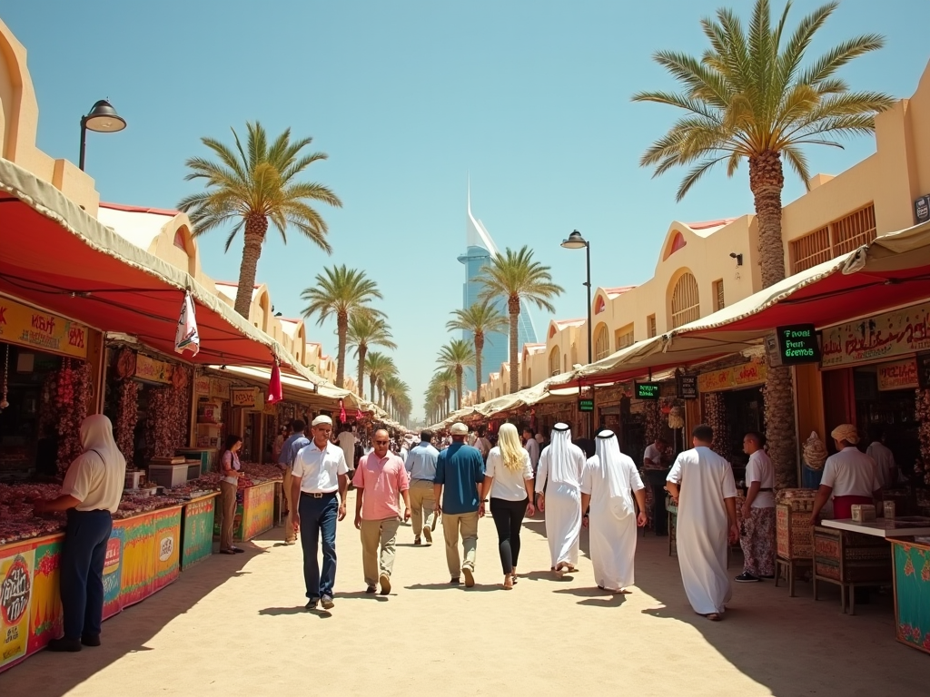 Crowded market street with people walking between stalls under a clear blue sky, flanked by palm trees and traditional architecture.