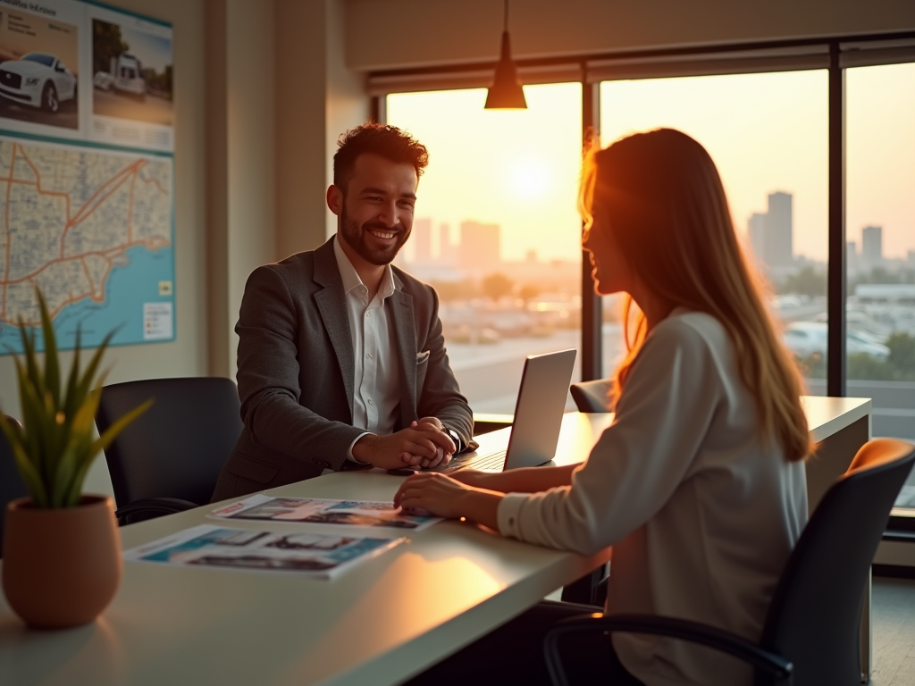 Two professionals conversing at a desk during sunset in a modern office.