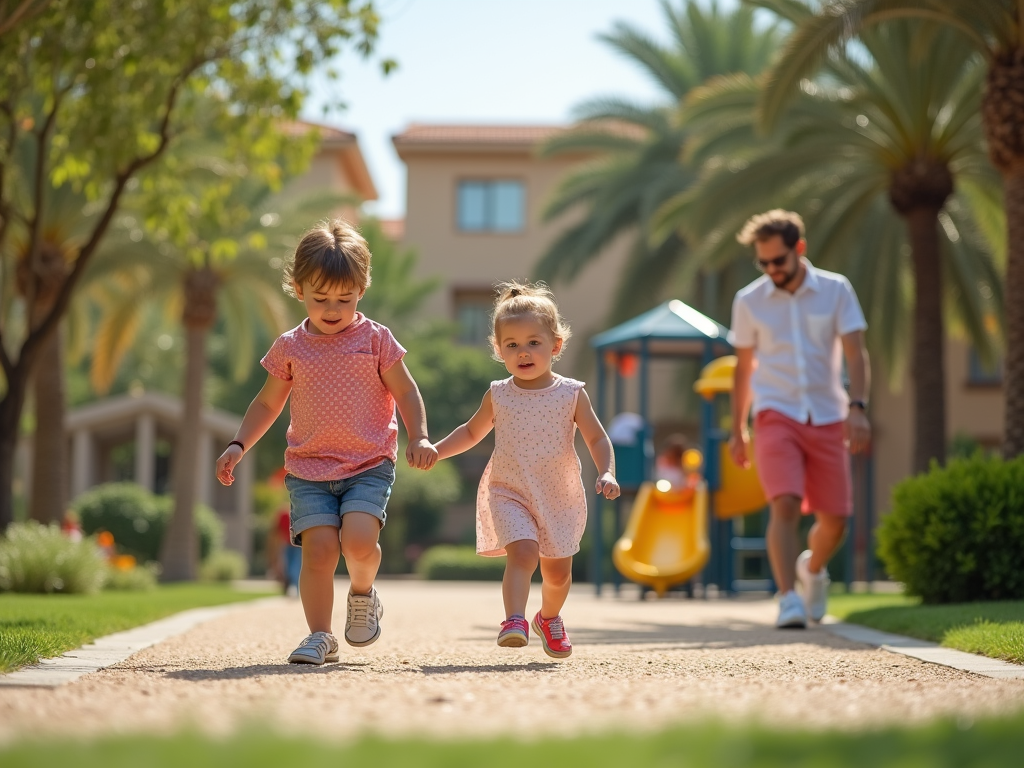 Two young children holding hands and walking on a path, with an adult man following behind in a sunny park.