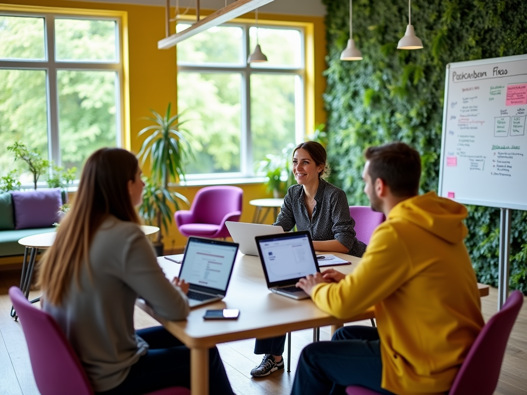 Three professionals in a bright office with laptops discussing near a whiteboard.