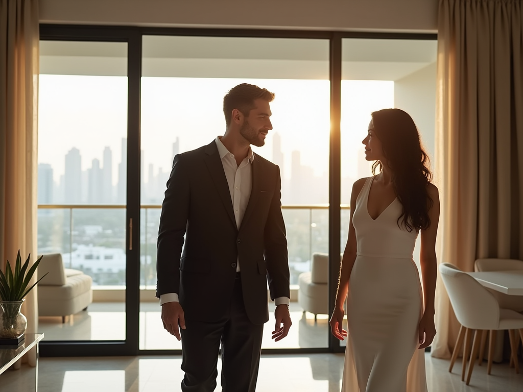 Man in suit and woman in white dress standing near window overlooking city skyline at sunset.