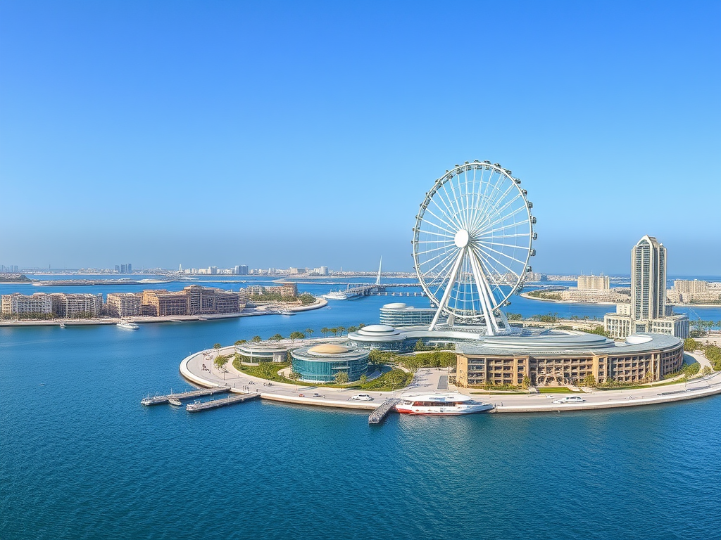 A scenic view of a waterfront with a large Ferris wheel, buildings, and boats under a clear blue sky.