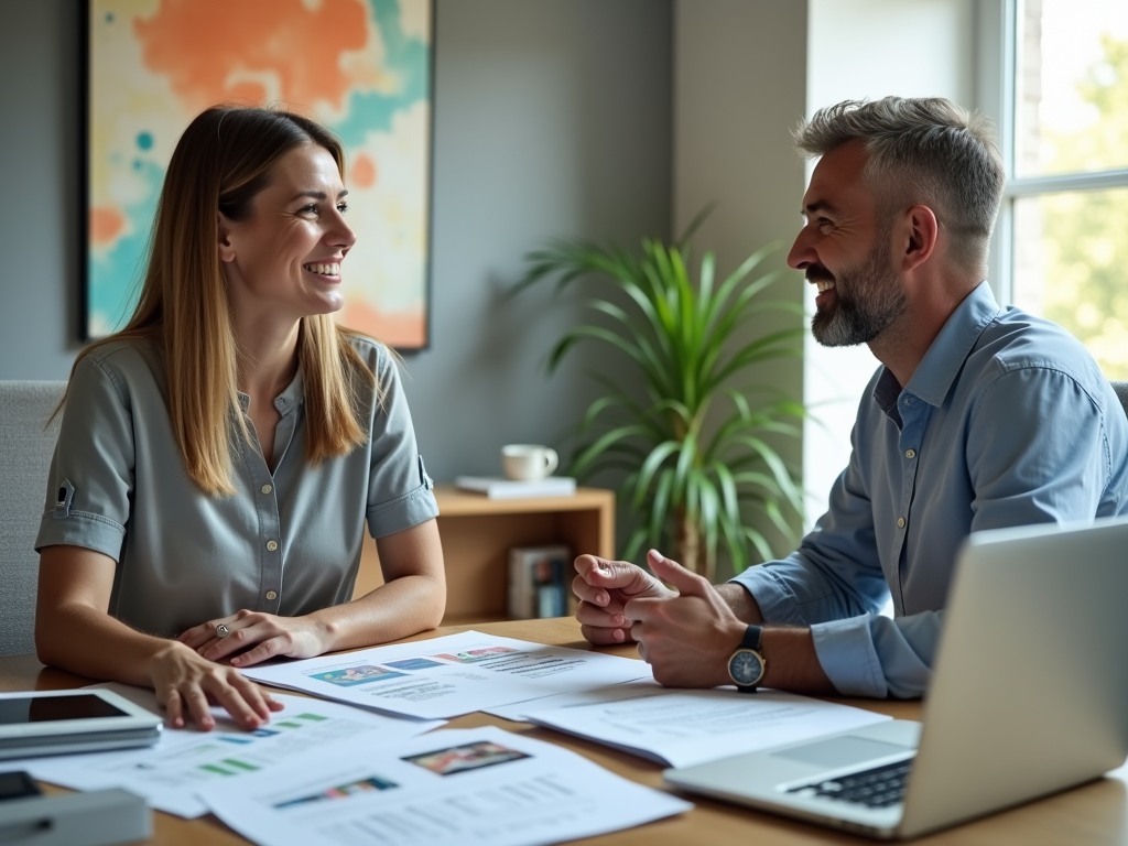 Two professionals smiling and discussing over documents at a desk in an office.