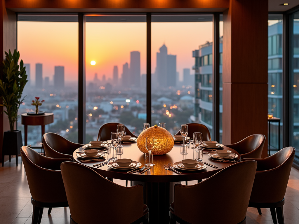 Elegant dining setup with sunset cityscape view through large window.