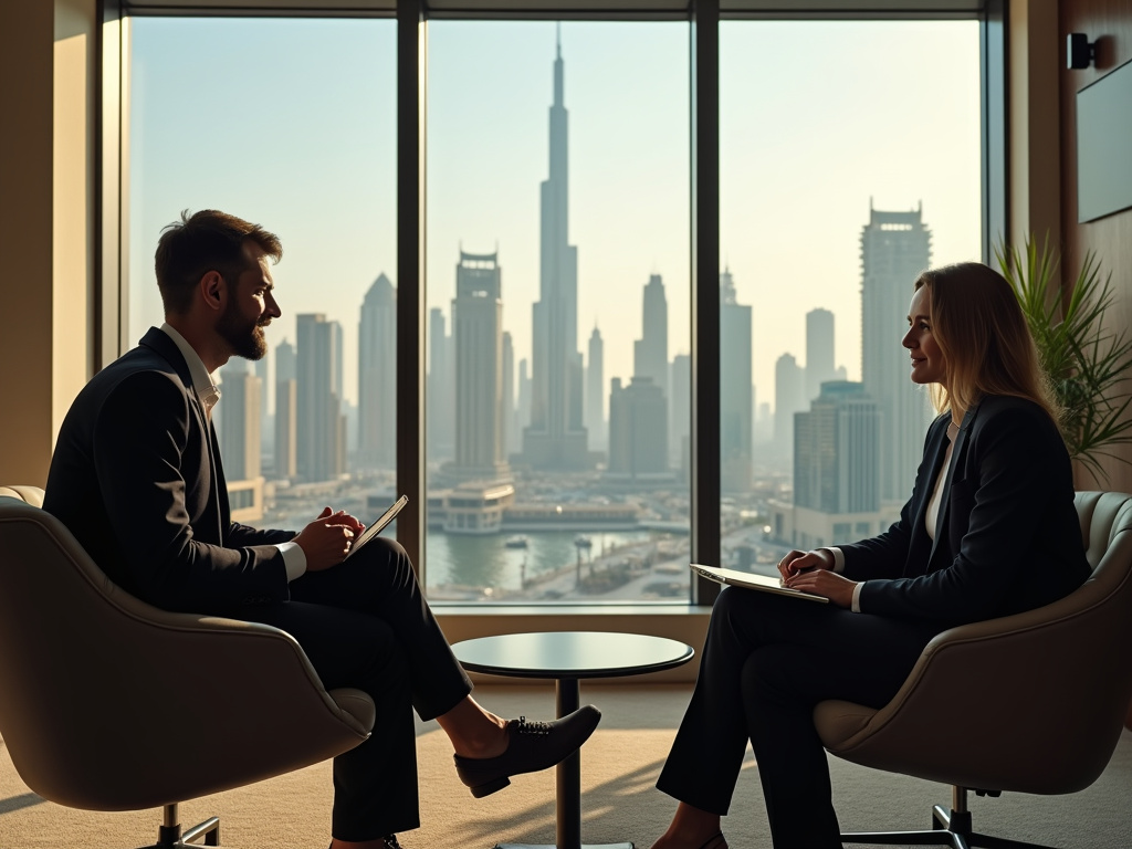 Two business professionals in a discussion, with a city skyline in the background through large windows.