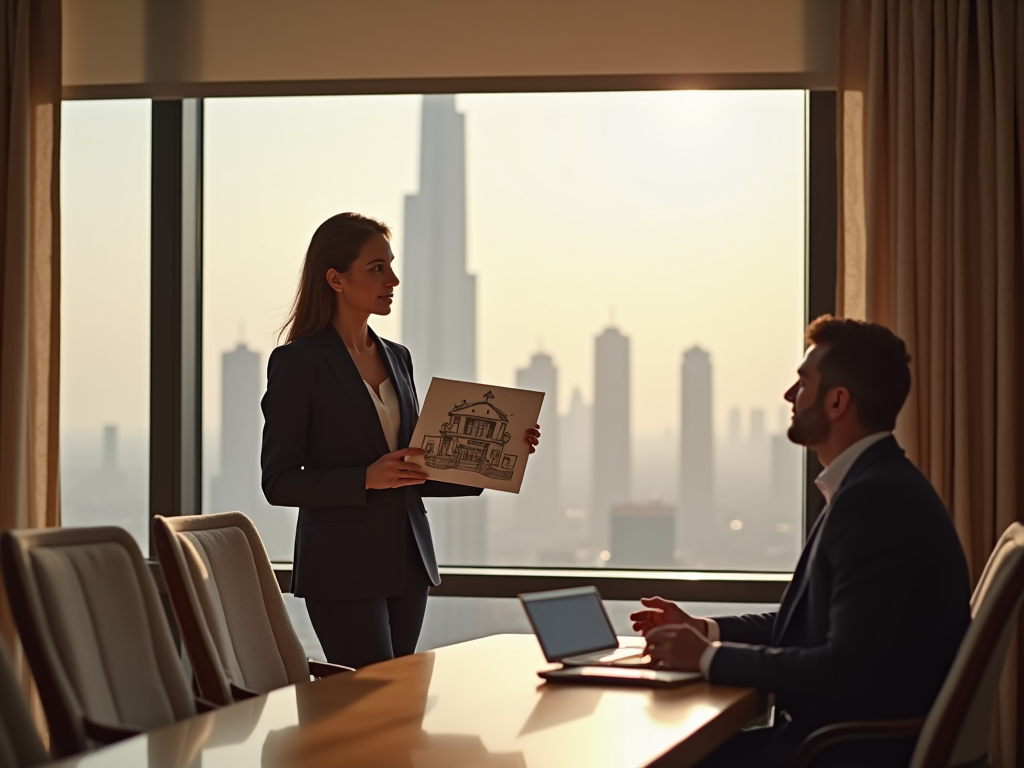 Woman presenting architectural plans to man in office with city skyline backdrop.