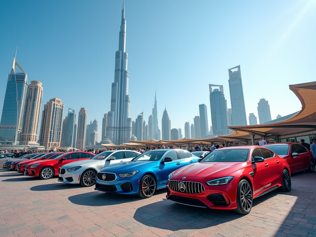 Luxury cars on display with Burj Khalifa and Dubai skyline in the background on a sunny day.