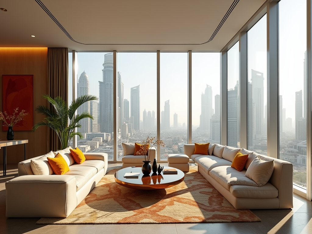 Modern living room with large windows showcasing a cityscape, furnished with stylish sofas and colorful accents.