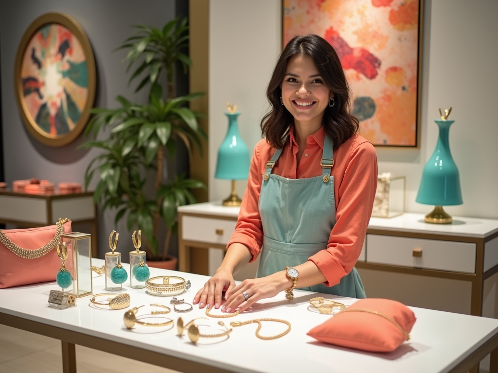 Smiling woman arranging jewelry on a white table in a stylishly decorated store.