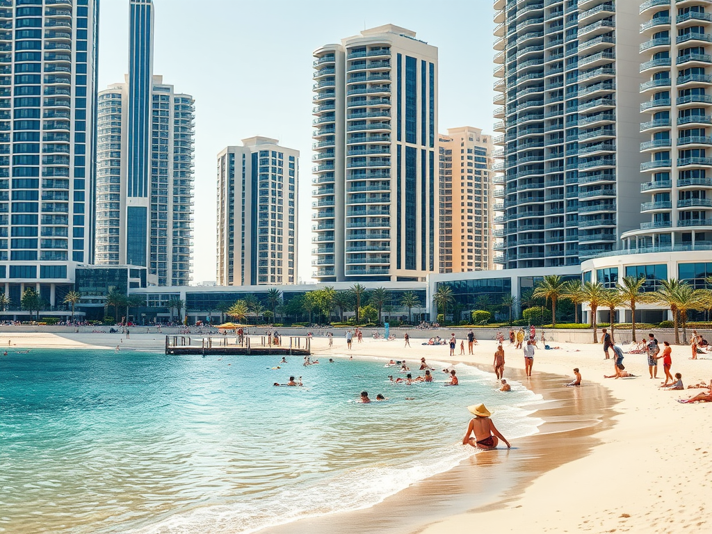 A sunny beach scene with people enjoying the water and soft sand, framed by tall modern buildings in the background.