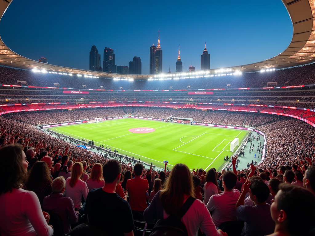 Night-time soccer game in a packed stadium with city skyline in the background.