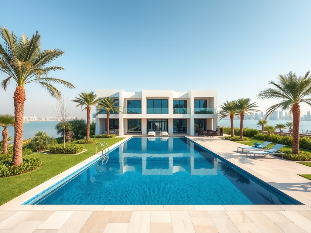 A luxury villa with a large pool, palm trees, and a view of the waterfront against a clear blue sky.