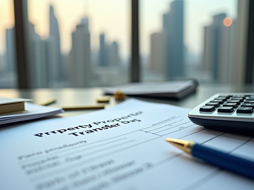 Property transfer papers with calculator and pen on desk, cityscape in background.