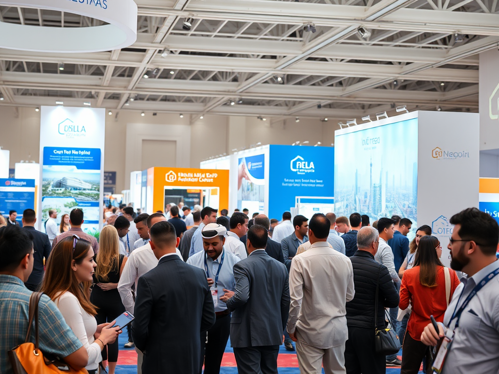 A busy exhibition hall with various booths, featuring people engaged in conversations and networking activities.