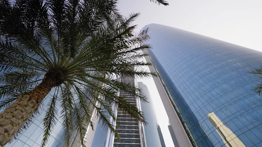 View of modern high-rise buildings in Binghatti Hills under a clear sky with a palm tree in the foreground.